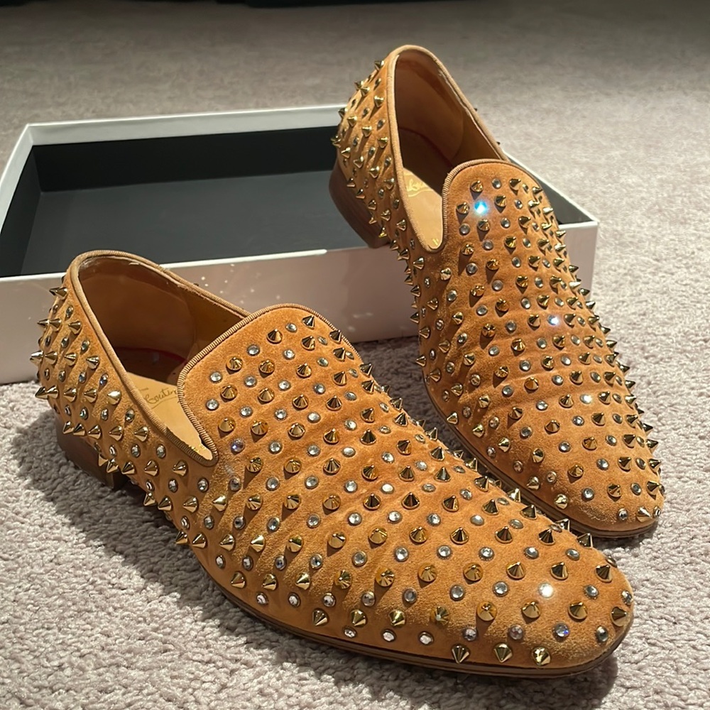 CHRISTIAN LOUBOUTIN Tan Spike Crystal Loafers
